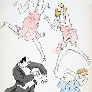 Three illustrations of transvestites in blue and pink dresses dancing with a larger