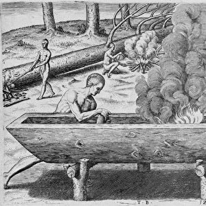 Indians Making Canoes, from Admiranda Narratio, engraved by Theodor de Bry