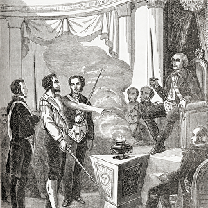 Initiation of a French Mason into the brotherhood, from Societes Secretes, les