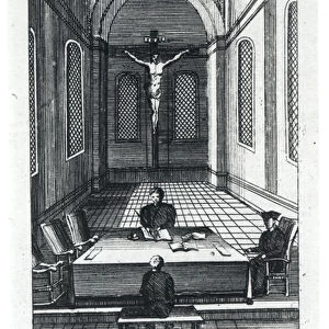 Inquisition Interrogation (engraving) (b / w photo)