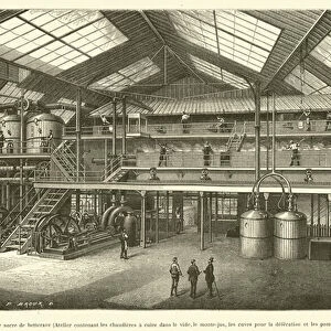 Interieur d une fabrique de sucre de betterave, Atelier contenant les chaudieres a cuire dans... (engraving)