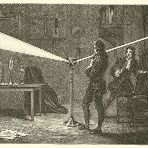 Isaac Newton breaks down light (engraving)