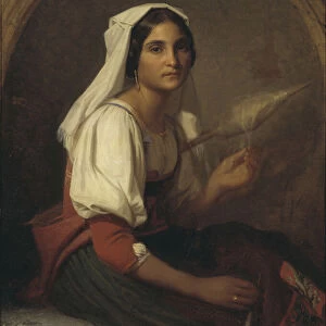 An Italian Woman Spinning Flax, 1847 (oil on canvas)