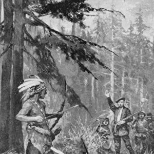 Jacques Cartier comes across natives in a forest near the St Lawrence river (litho)