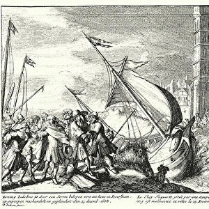 James II of England captured by fishermen at Faversham, Kent, whilw attempting to flee to France, 1688 (engraving)