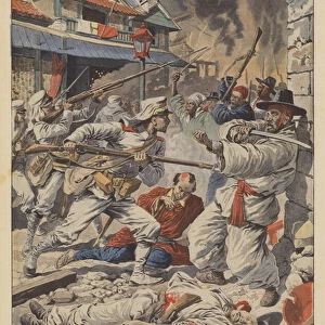 Japanese troops putting down riots in Seoul, Korea (colour litho)