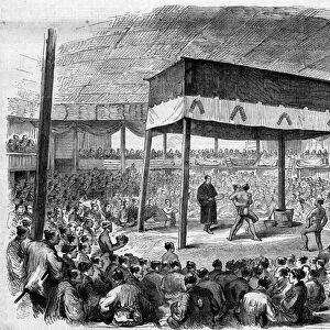 Japanese wrestler fight Sumo in Osaka, Japan. From a drawing by C. Wirgman