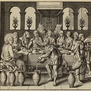 Jesus Christ turning water into wine at the wedding in Cana (engraving)