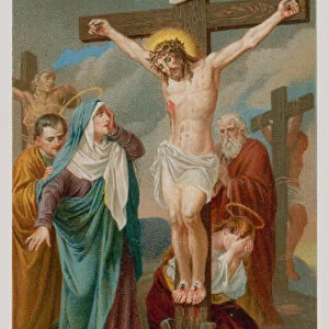 Jesus dies on the cross. The twelth Station of the Cross (chromolitho)