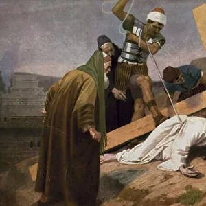 Jesus falls for the third time while carrying his Cross (colour litho)