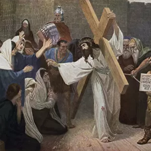 Jesus meets the women of Jerusalem on his way to his crucifixion (colour litho)