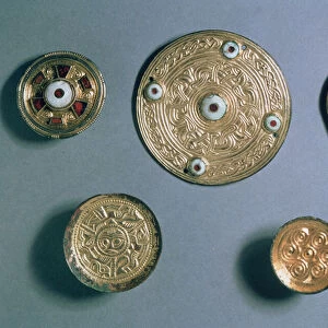 Jewelled disc pendants, Anglo-Saxon (gold, silver gilt and semi-precious stones)