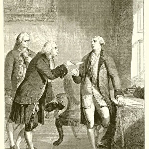 John Adams, First American Ambassador to the English Court, presented to King George III (engraving)