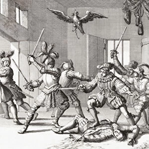 John and Alexander Ruthven, attempting to kidnap or kill James VI of Scotland (engraving)