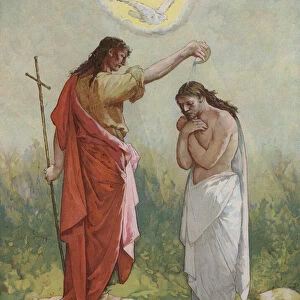 John baptises Jesus (colour litho)