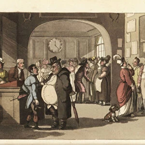 Johnny looking for work at a registry office for domestic servants. Men and women with monocles examining porters, maids and other staff. Handcoloured copperplate engraving by Thomas Rowlandson from William Combe