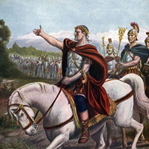 Jules Cesar crosses the river of Rubicon with his legions in arms on January 10, 49 BC in the footsteps of Pompee the Great (Gneo Pompeo Magno or Gnaeus Pompeius Magnus)