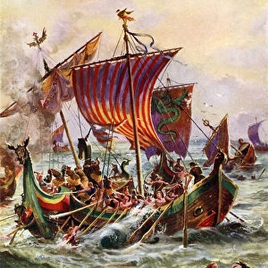 King Alfreds Galleys attacking the Viking Dragon Ships, 897 (colour litho)
