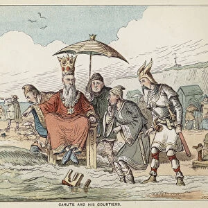 King Canute and his Courtiers (colour litho)