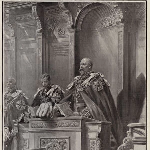 The King and his imperial knights: His Majesty and the Prince of Wales at the dedication of the new chapel of the Most Distinguished Order of St Michael and St George in St Pauls Cathedral (litho)