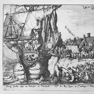 King James leaves Ireland after defeat at the Battle of the Boyne, 1690 (etching)