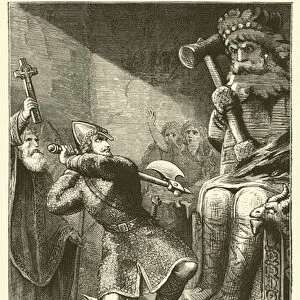 King Olaf destroying the Norse Gods (engraving)