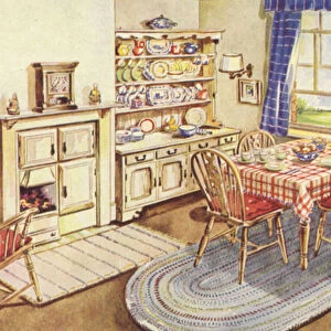 Kitchen-living-room with combination grate for heating and cooking (colour litho)