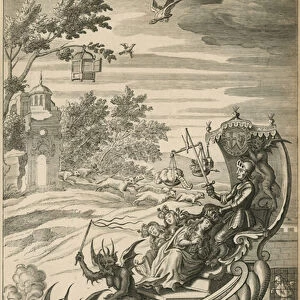 Knight protecting queen and children riding over liberty (engraving)