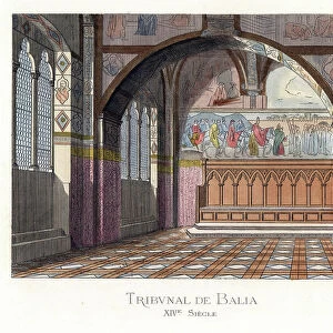 La salle du tribunal de Balia a Siena (Italy) 14th century - The Balia or government tribunal in Siena, 14th century - Handcoloured illustration drawn and lithographed by Paul Mercuri with text by Camille Bonnard from " Historical Costumes from the 12th to 15th Centuries, " Levy Fils, Paris