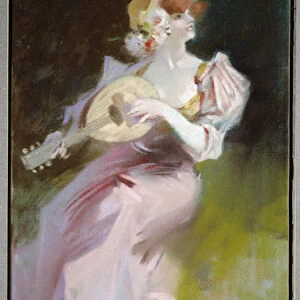 La woman a la mandolin Painting by Jules Cheret (1836-1932