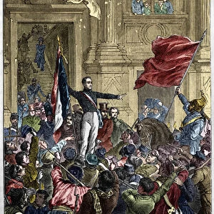 Lamartine (1790 - 1869), refusing the red flag for the tricolor flag, at the Town Hall