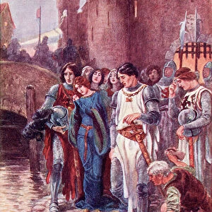 Lancelot looks at the dead Lady of Shalott on her arrival at Camelot. Coloured illustration from the book The Gateway to Tennyson published 1910