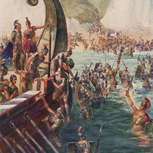 The landing of the Romans in Britain, 54 BC (colour litho)