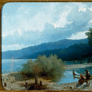 Landscape of Lake (Lakescape) Painting by Angelo Beccaria (1820-1897) 1862 Dim 55, 5x90