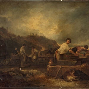 Landscape with Masons at Work (oil on canvas)