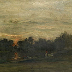 Landscape: Sunset (oil on panel)