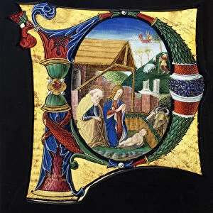 A large historiated initial P, depicting a Nativity scene, c