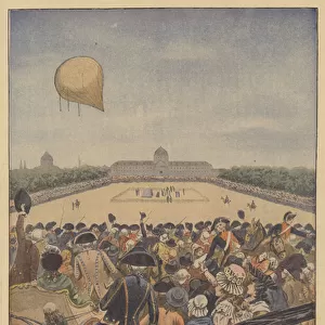 Launch of the first hydrogen balloon by Jacques Charles and the Robert brothers in Paris, 1783 (colour litho)