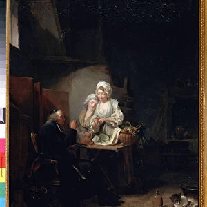 "Le vieux vicaire"(an old curate) Deux femmes assistent un vieux cure dans la cuisine. Peinture de Louis-Leopold (Louis Leopold) Boilly (1761-1845) 1785-1800 Musee Pouchkine, Moscou