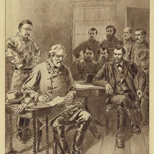 Lees Surrender to Grant, Appomattox, 9 April 1865 (litho)