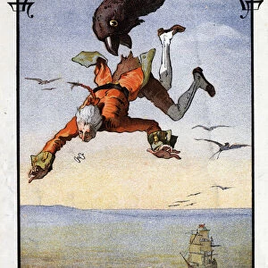 Lemuel Gulliver is carried away by an eagle. Illustration for "Gulliver