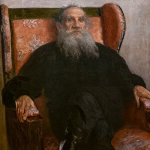LEON TOLSTOI IN A PINK ARMCHAIR, 1909 (oil on canvas)
