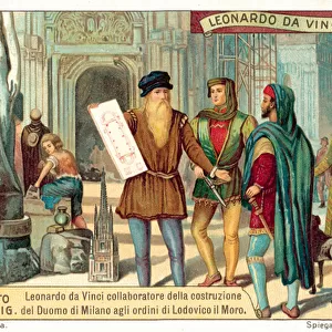 Leonardo da Vinci collaborating on the construction of Milan Catherdal under the orders of Ludovico Sforza (chromolitho)