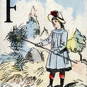 Letter F girl that fills hay. ABC of the little girls. Epinal imaging, 1875