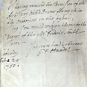 Letter from George Frederick Handel dated February 24th 1750 (pen & ink on paper) (photo)
