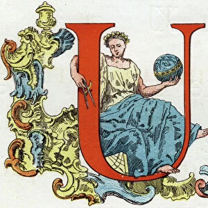 Letter U: Uranie, Urn, Unau (lazy). engraving in " Alphabet". Finish printing on 15 November 1875 by Charles Unsinger for Alphonse Lemerre, bookseller-publisher, Paris, 27-31 passage Choiseul. Grave by Alfred Prunaire (1837-?)