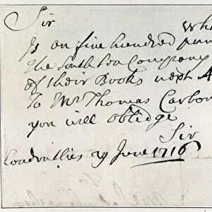 Letter written by Handel, June 1716 (pen & ink on paper) (b / w photo)