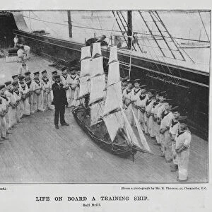 Life on board a training ship, sail drill (b / w photo)