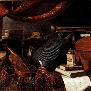 Still life with musical instruments (Violin, lute and spiny) - Painting by Bartolomeo Bettera (1639-1722), circa 1665 Oil on canvas Dim: 70, 5x94. 5 cm - Bergamo, Accademia Carrara
