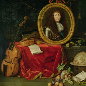 Still life with portrait of King Louis XIV (1638-1715) surrounded by musical instruments